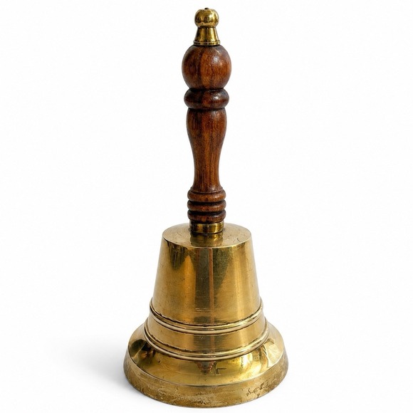 The Unbranded Brand Other - Vintage Heavy Solid Brass Hand Bell Wood Handle Loud Farmhouse Tavern Decor